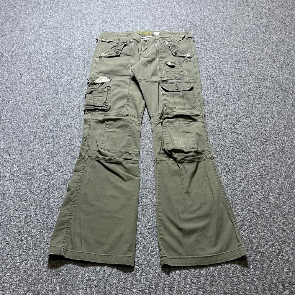 Vintage Nori Cargo Pants Size 11 Green Flared Utility Multi Pocket Y2K Skater